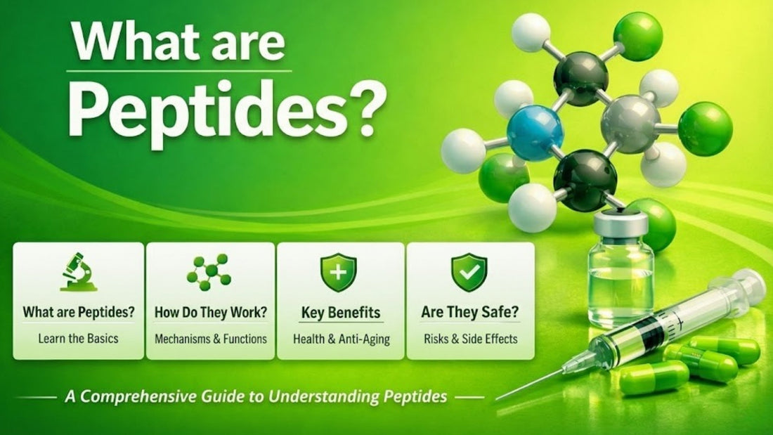 “What are peptides? Featured image with peptide molecule model, vial and syringe, and icons for how peptides work, key benefits, and safety guide to peptide therapy, health, and anti-aging.”