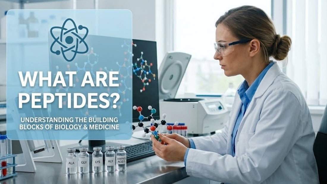 “What are peptides? Featured image with peptide molecule model, vial and syringe, and icons for how peptides work, key benefits, and safety guide to peptide therapy, health, and anti-aging.”