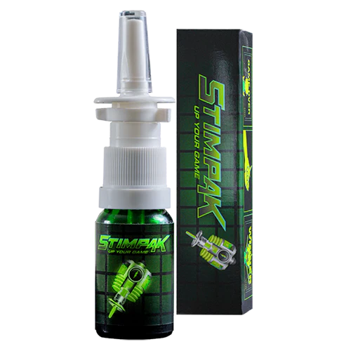 Green and Black Noopept Nasal Spray Bottle with a green and black box in the background.