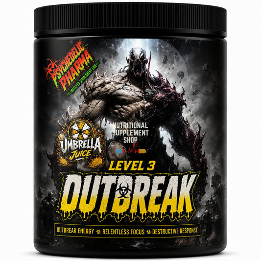 A black plastic tub of Psychotic Pharma Umbrella Juice Level 3 Outbreak nutritional supplement, featuring a dark, monstrous graphic on the label with bold yellow and white text.