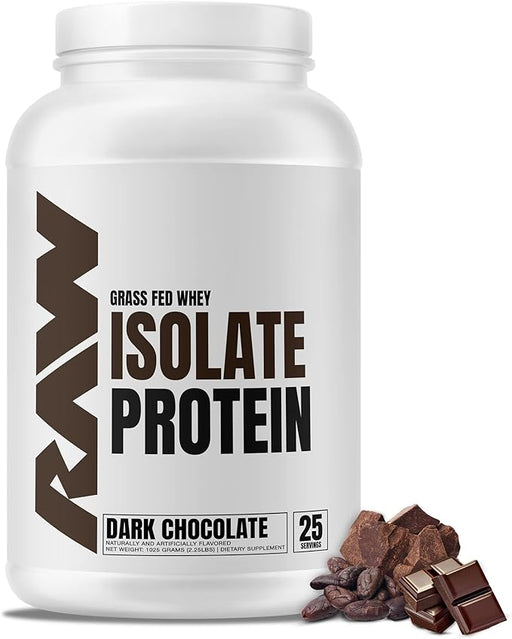 RAW Grass Fed Whey Isolate Protein in Dark Chocolate flavor, featuring a sleek white container with 25 servings and images of cocoa and chocolate pieces.