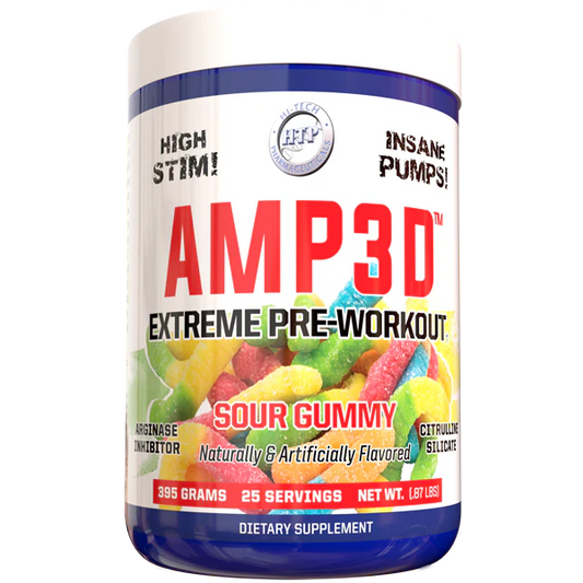 AMP3d Extreme Pre-Workout in Blue Razzberry flavor by Hi-Tech Pharmaceuticals, featuring high stimulant content and ingredients for intense pumps, packaged in a 385-gram container with 25 servings