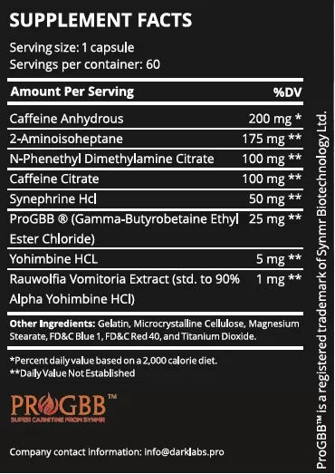 Nutritional supplement label detailing serving size, ingredients, and their dosages, including caffeine and other compounds.