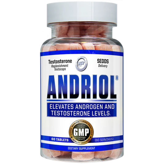 A bottle of Andriol, containing 60 pink tablets. The label states it is a dietary supplement designed to elevate androgen and testosterone levels.