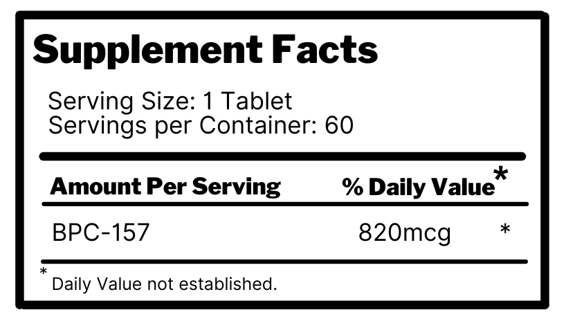 Supplement Facts Panel for oral BPC-157 tablets
