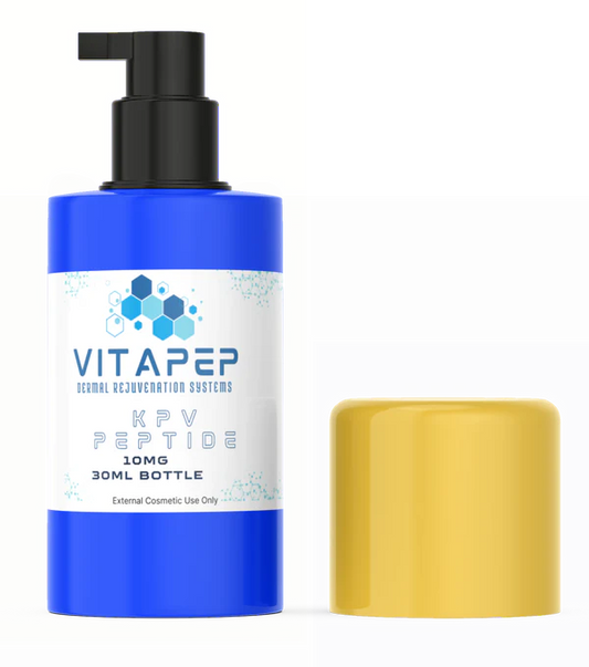 Blue bottle of topical KPV serum peptide with Pump top and gold cap