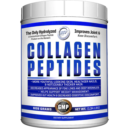 White Jar of Collagen Peptide powder with white and blue label