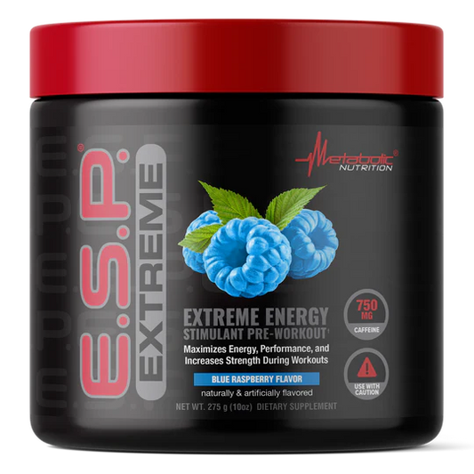 A front view of the Metabolic Nutrition E.S.P. Extreme Pre Workout container in the Blue Raspberry flavor. The label prominently displays "E.S.P. Extreme" and includes product details such as "Extreme Energy Stimulant Pre-Workout," "Maximizes Energy, Performance, and Increases Strength During Workouts," and "750 mg Caffeine." The label also emphasizes that the product is naturally and artificially flavored, with cautionary use indications.