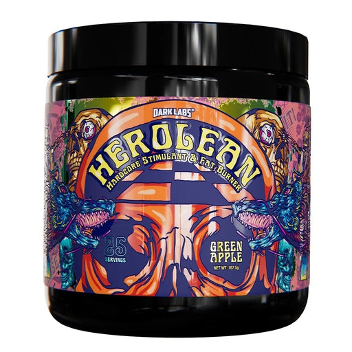 Dark Labs Herolean fat burner jar with vivid, colorful graphics, promoting Green Apple flavor and hardcore energy boost.