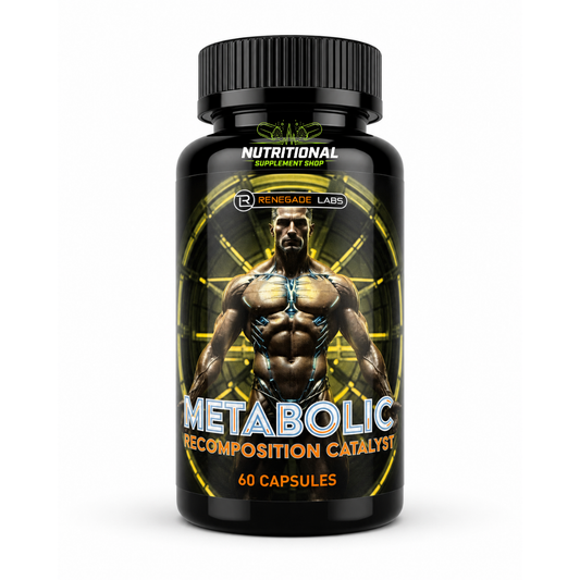 Supplement bottle labeled 'Metabolic Recomposition Catalyst' by Renegade Labs on a white background