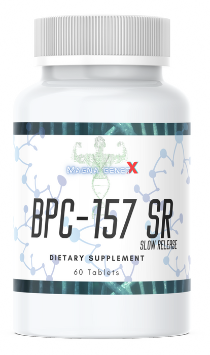 Container of MAGNA GENEX BPC-157 SR dietary supplement with 60 slow-release tablets for health and recovery.
