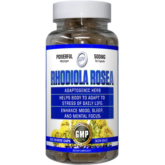 Bottle of Rhodiola Rosea supplement with label on a white background