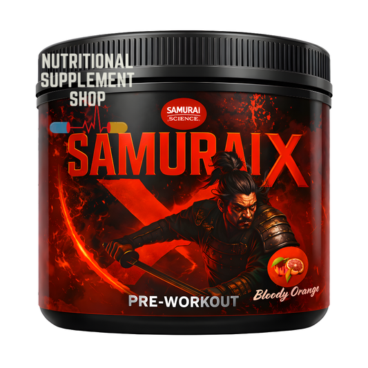 Samuraix pre-workout supplement container with warrior design on a white background
