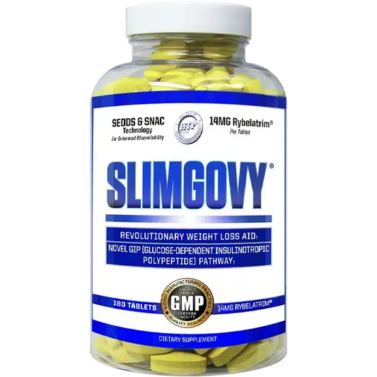 Slimgovy supplement bottle with yellow tablets on a white background