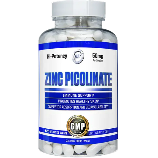 Supplement bottle labeled 'Zinc Picolinate' with white pills on a white background