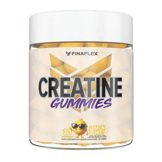 Product image of FINAFLEX Creatine Gummies in a clear jar with a white lid. The label displays the product name in bold black and purple text, with an orange cartoon mascot wearing sunglasses. The jar indicates 30 servings of orange-flavored gummies, containing creatine monohydrate to support strength and performance.