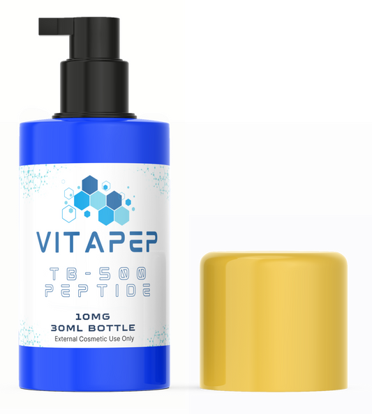 Blue bottle with gold top of topical tb-500 peptide cream