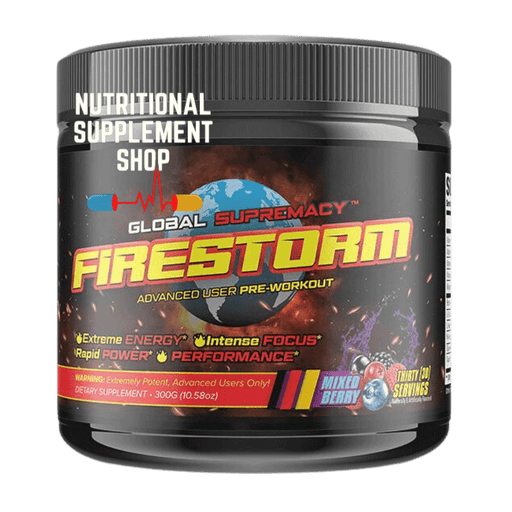 A container of Global Supremacy Firestorm pre-workout supplement in mixed berry flavor with "extreme energy, intense focus" claims.