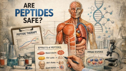 Are peptides safe featured image showing peptide therapy infographic, human body anatomy, DNA strand, lab equipment, and charts on peptide effects.