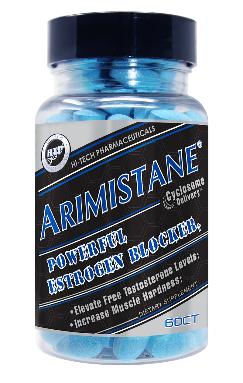 Clear bottle with black, blue and silver label containing blue tablets of arimistane