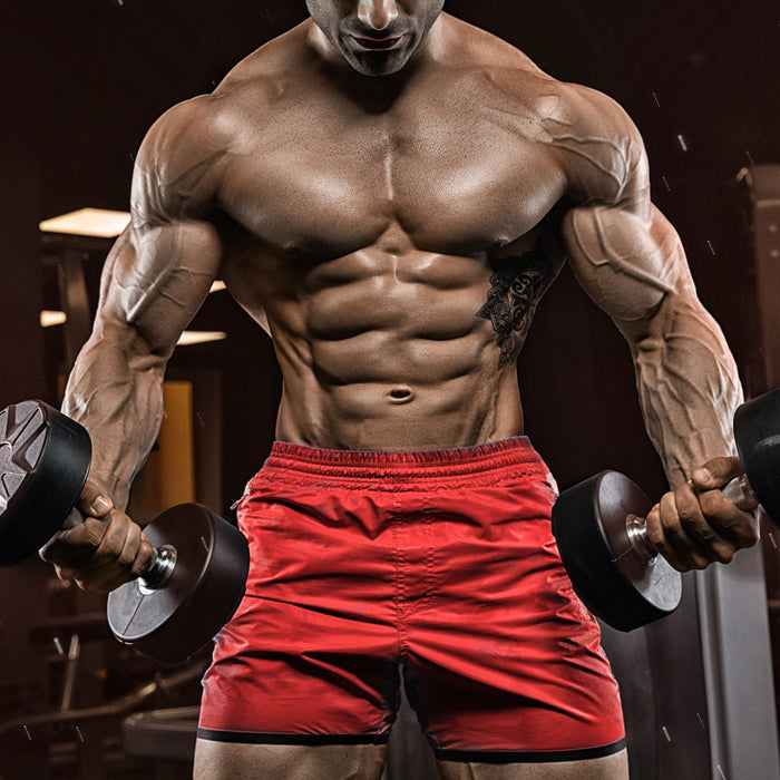 Bodybuilder with red shorts holding dumbells