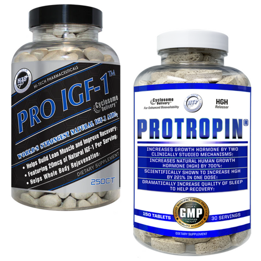 Bottles of Hi Tech Pharmaceutical's Pro IGF-1 and Protropin