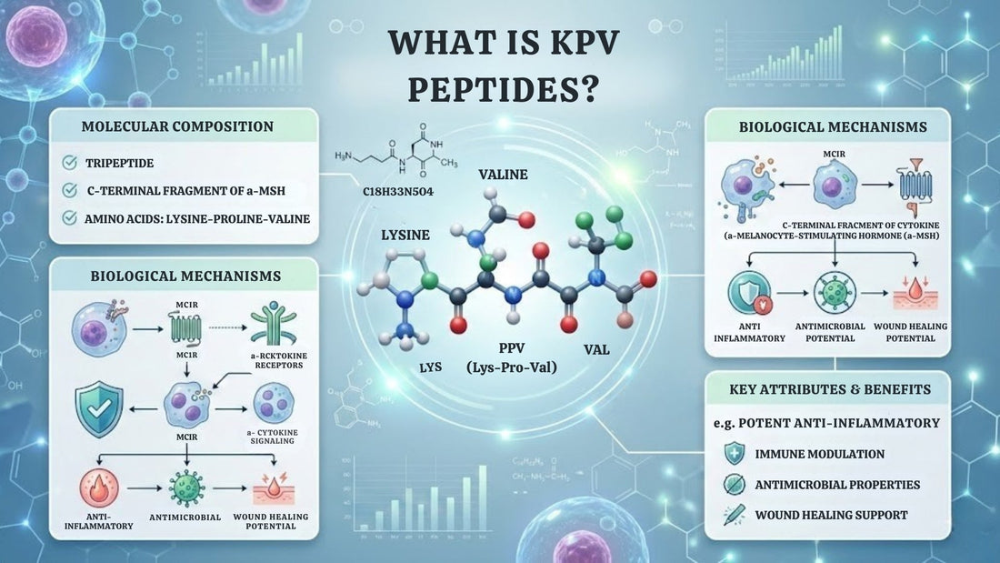 Infographic explaining what KPV peptides are, including molecular composition, Lys Pro Val structure, biological mechanisms, anti inflammatory effects, antimicrobial potential, and wound healing support.