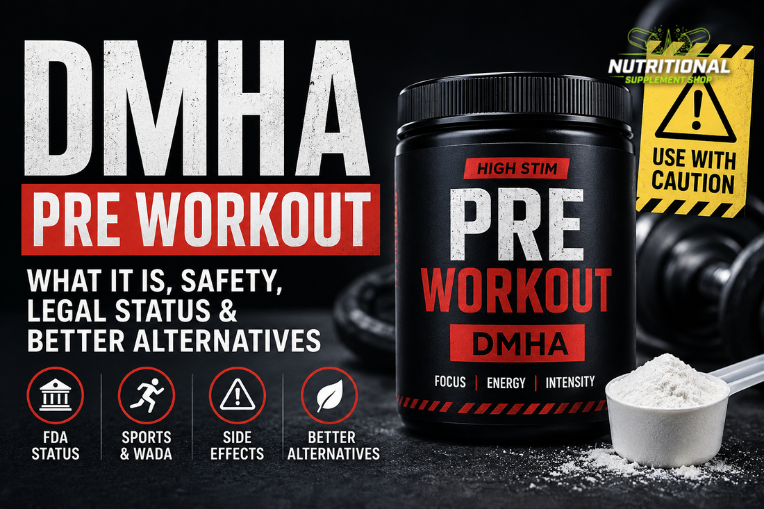 DMHA pre workout blog graphic with black supplement tub, powder scoop, caution sign, and Nutritional Supplement Shop logo highlighting safety, legal status, side effects, and alternatives.