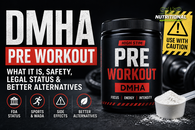DMHA pre workout blog graphic with black supplement tub, powder scoop, caution sign, and Nutritional Supplement Shop logo highlighting safety, legal status, side effects, and alternatives.