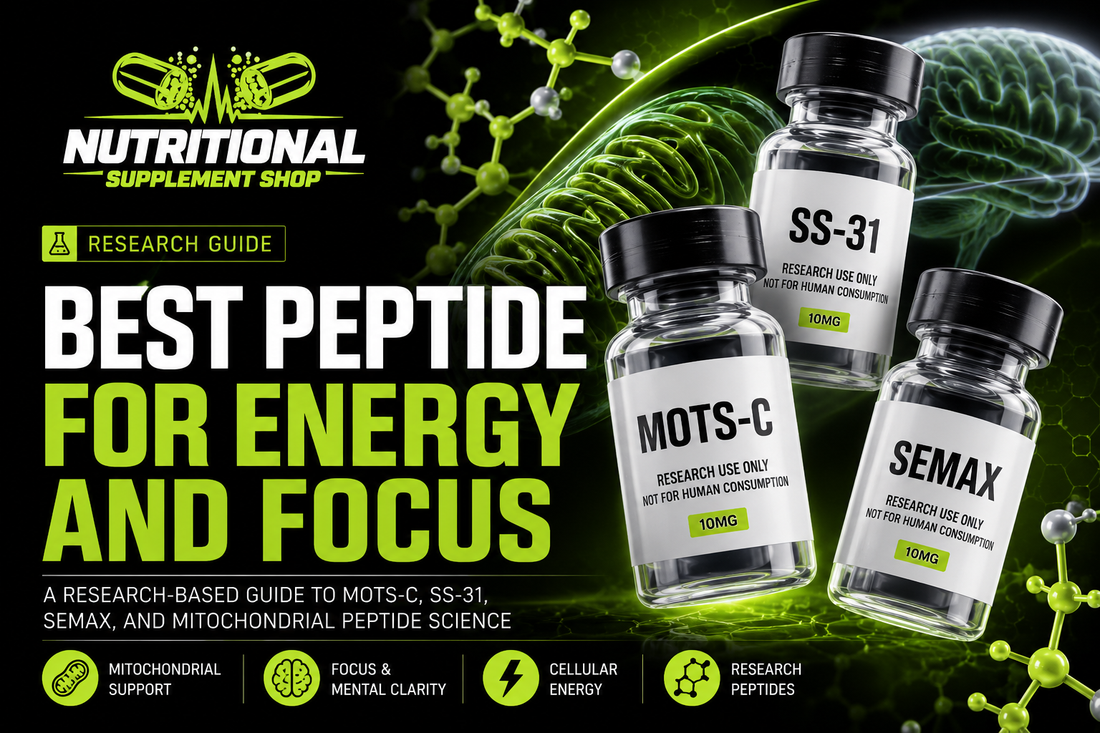 Best peptide for energy and focus research guide featuring MOTS-c, SS-31, and Semax peptides with mitochondrial and cognitive science imagery.