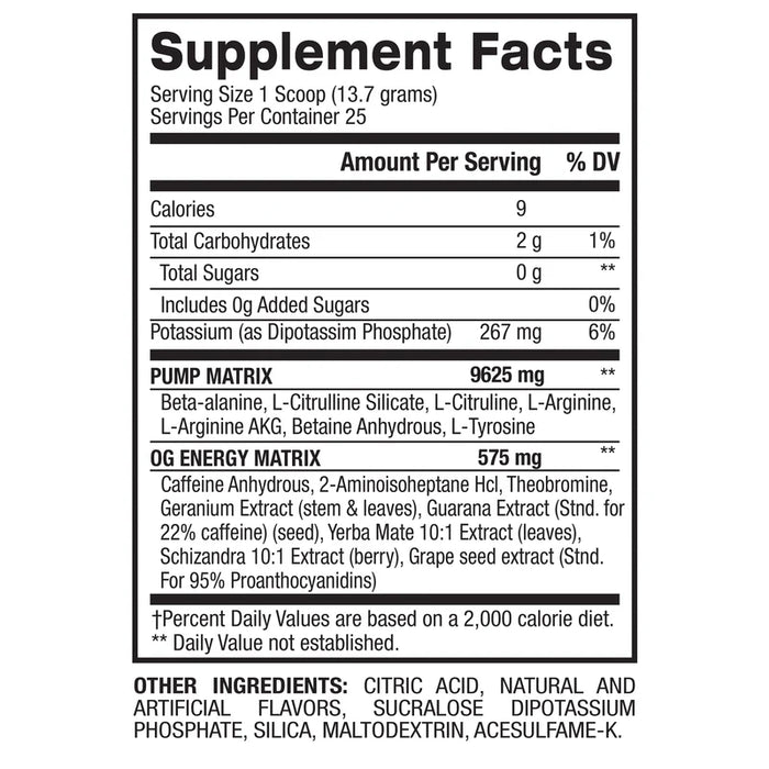 Supplement facts label for BPI Sports 1.M.R OG Pre Workout in Blue Raspberry flavor, detailing nutrition information including 9 calories per serving, 2g of total carbohydrates, 267mg of potassium, and specific ingredient matrices for pump and energy enhancement.