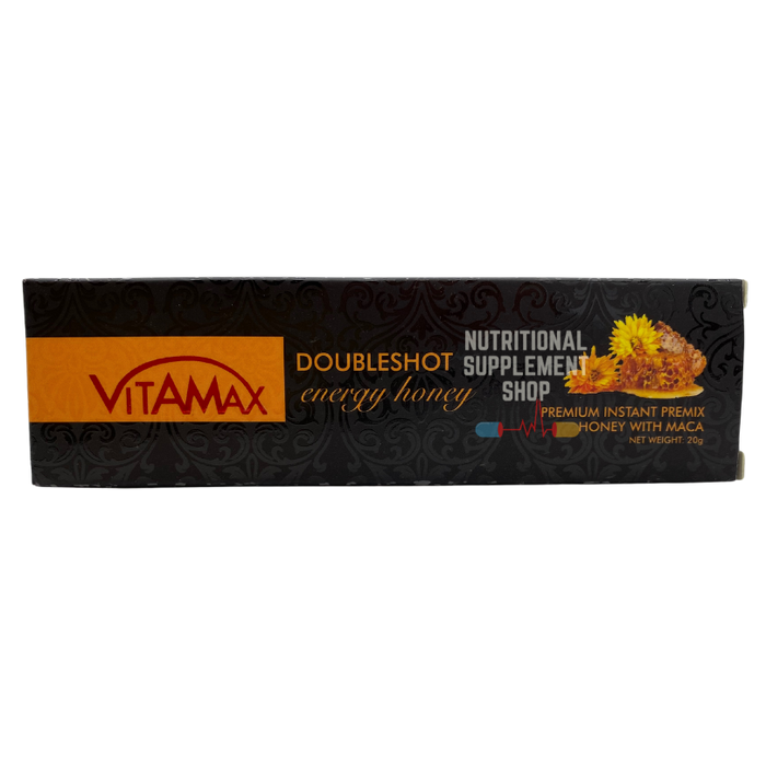 Black box with gold and red writing of Vitamax doubleshot energy honer