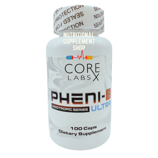 Bottle of Core Labs X Pheni-B Ultra nootropic supplement with 100 capsules for cognitive enhancement and sleep support.