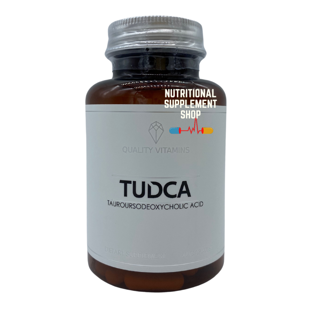 Clear brown bottle of Quality Vitamins TUDCA.