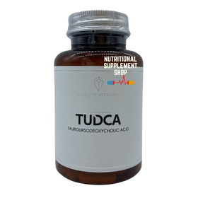Clear brown bottle of Quality Vitamins TUDCA.