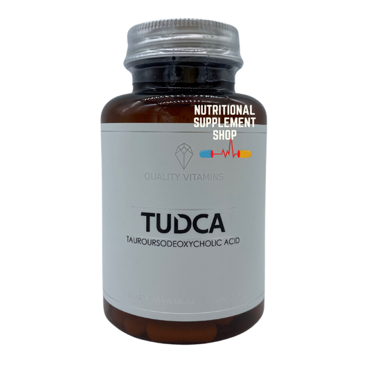 Clear brown bottle of Quality Vitamins TUDCA.
