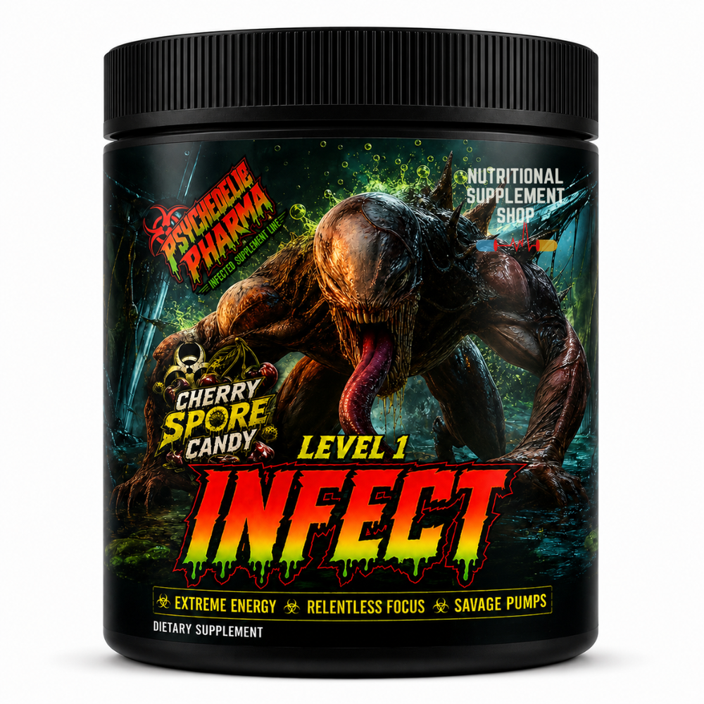 A black plastic tub of Psychotic Pharmaceuticals Level 1 Infect Cherry Spose Candy dietary supplement, featuring a highly detailed monster label on a white background.