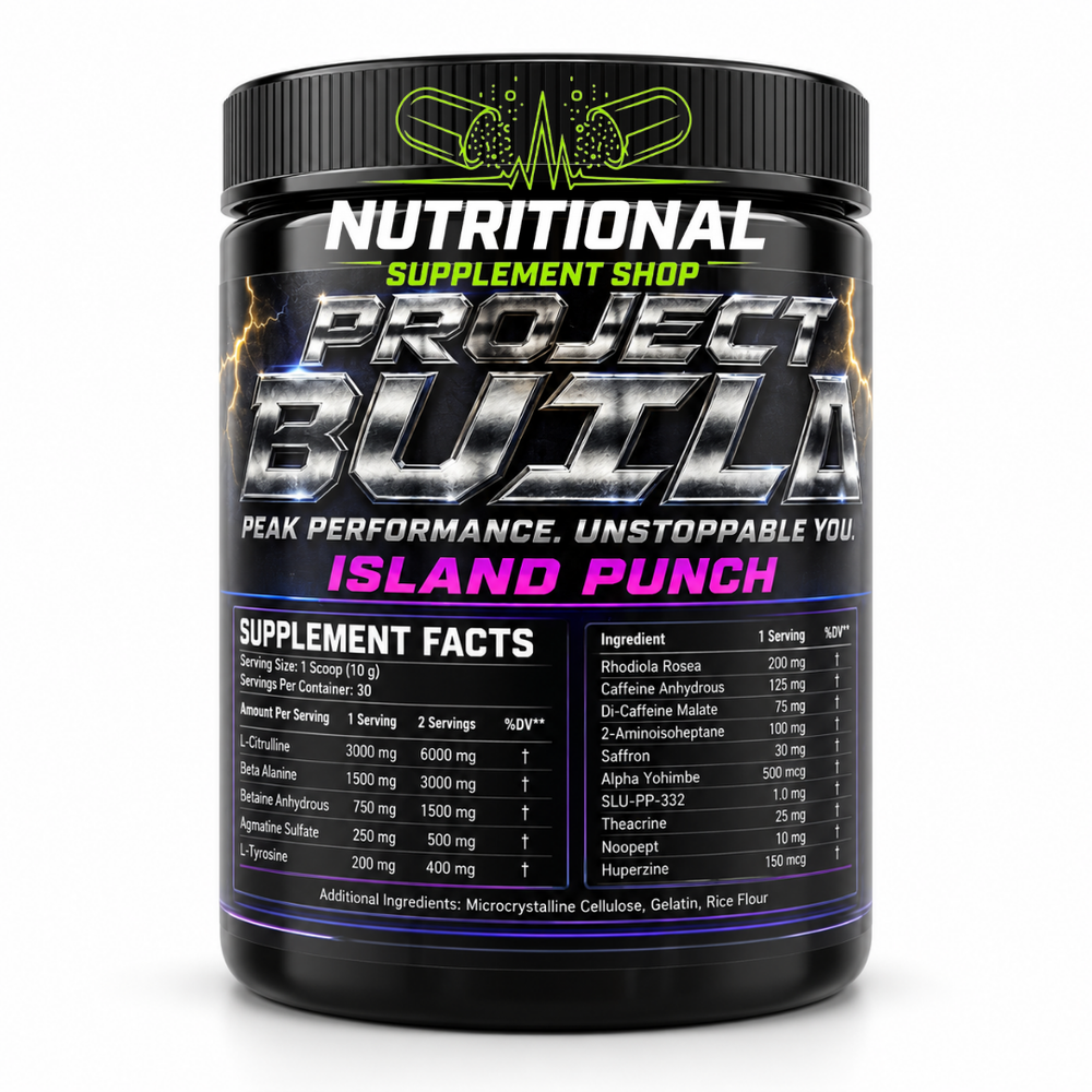 A black supplement tub labeled ' Project Build Island Punch' on a white background. Nutra Human Labs pre worout