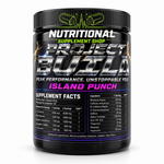 A black supplement tub labeled ' Project Build Island Punch' on a white background. Nutra Human Labs pre worout