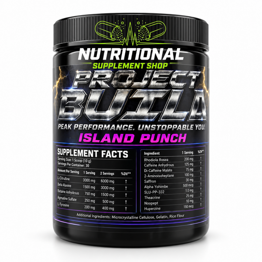 A black supplement tub labeled ' Project Build Island Punch' on a white background. Nutra Human Labs pre worout