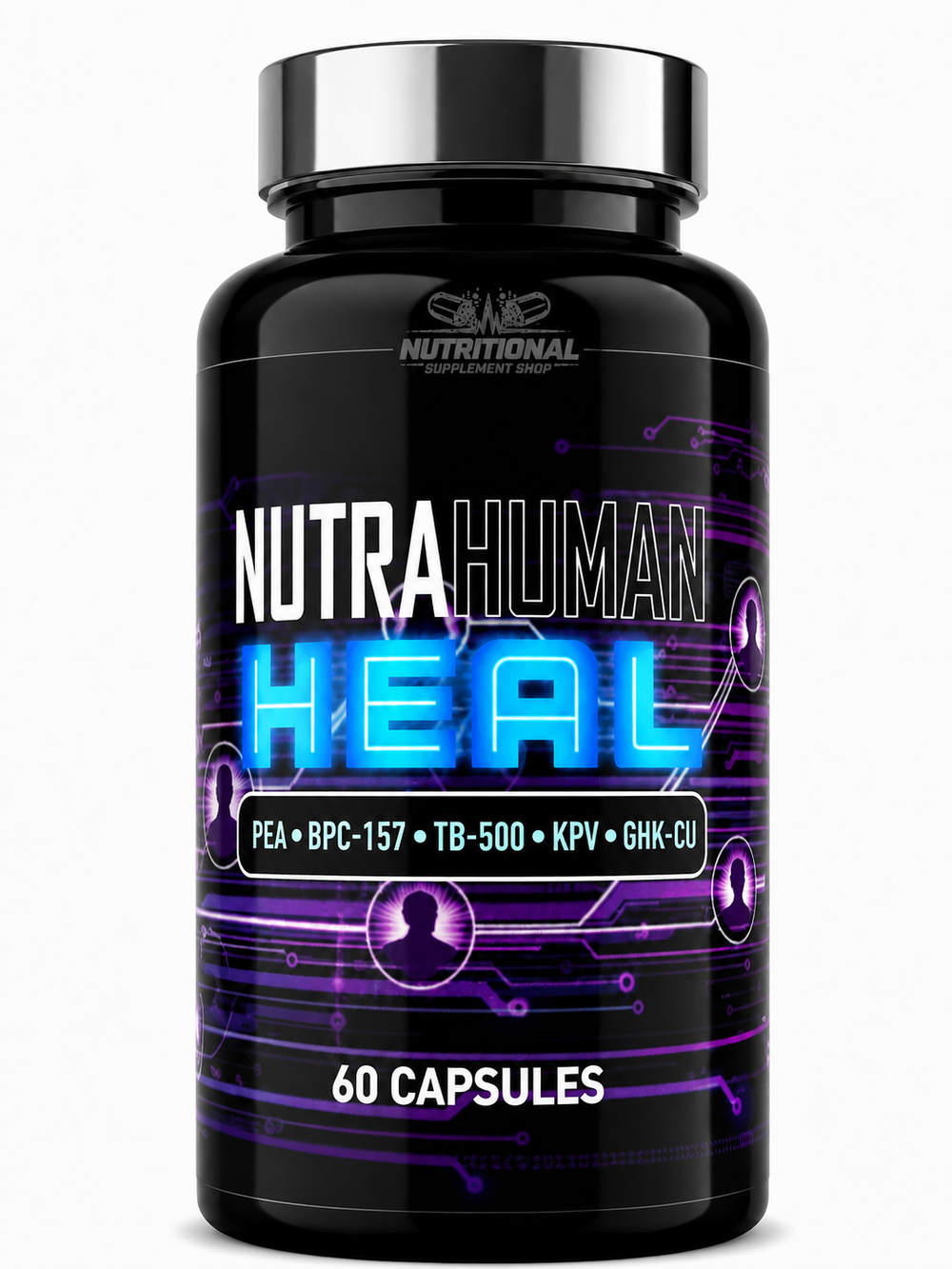 Black supplement bottle labeled 'NutraHuman Heal' with purple and blue design on a white background