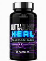 Black supplement bottle labeled 'NutraHuman Heal' with purple and blue design on a white background