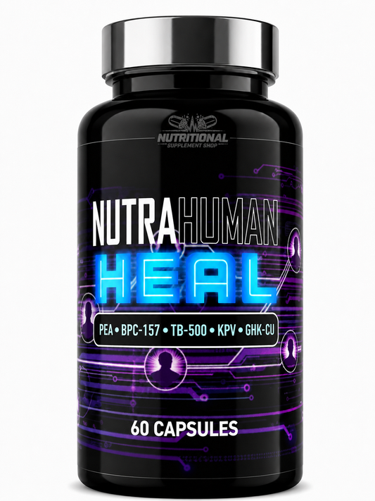 Black supplement bottle labeled 'NutraHuman Heal' with purple and blue design on a white background