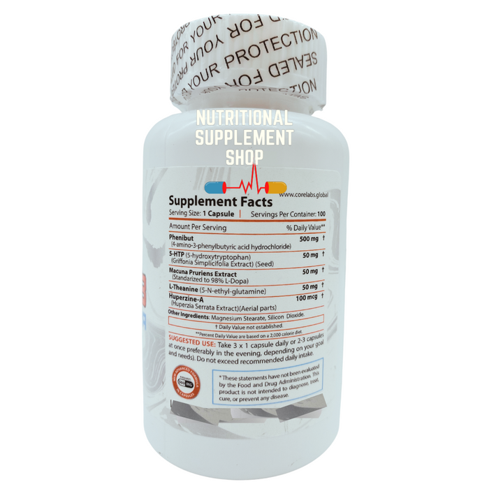 Supplement bottle label showing Core Labs X Pheni-B Ultra ingredients and nutritional information for cognitive and sleep support.