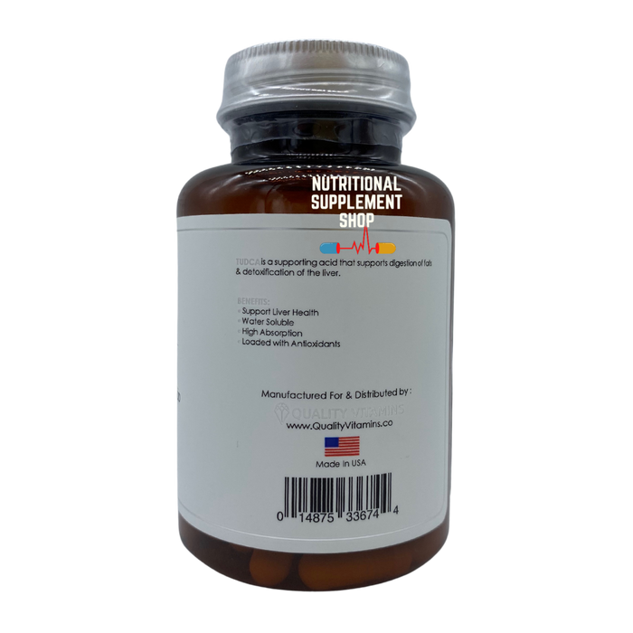 Side view of clear brown bottle of Quality Vitamins TUDCA.