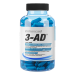 Image of a bottle labeled 'Enhanced 3-AD.' The bottle contains blue capsules and has a label indicating it is a DSHEA compliant androgen with a serving size of 2 capsules. The primary active ingredient is listed as Dehydroandrosterol (3-AD) with a dosage of 75mg per serving. The bottle contains 60 capsules and is labeled as a dietary supplement.