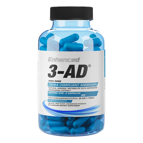 Image of a bottle labeled 'Enhanced 3-AD.' The bottle contains blue capsules and has a label indicating it is a DSHEA compliant androgen with a serving size of 2 capsules. The primary active ingredient is listed as Dehydroandrosterol (3-AD) with a dosage of 75mg per serving. The bottle contains 60 capsules and is labeled as a dietary supplement.