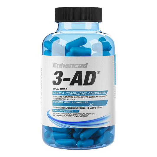 Image of a bottle labeled 'Enhanced 3-AD.' The bottle contains blue capsules and has a label indicating it is a DSHEA compliant androgen with a serving size of 2 capsules. The primary active ingredient is listed as Dehydroandrosterol (3-AD) with a dosage of 75mg per serving. The bottle contains 60 capsules and is labeled as a dietary supplement.