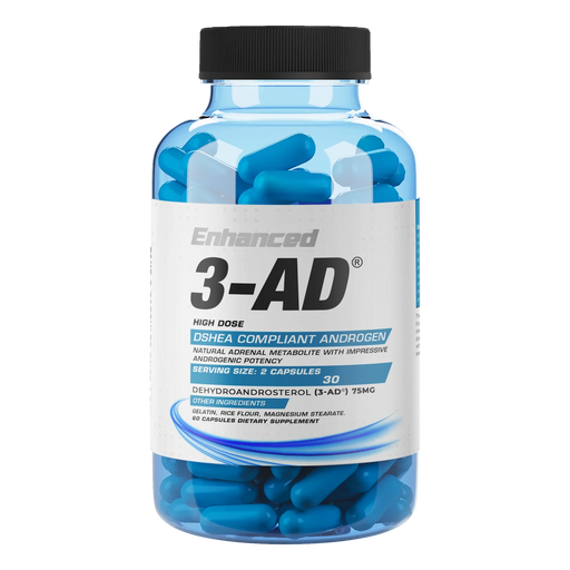 Image of a bottle labeled 'Enhanced 3-AD.' The bottle contains blue capsules and has a label indicating it is a DSHEA compliant androgen with a serving size of 2 capsules. The primary active ingredient is listed as Dehydroandrosterol (3-AD) with a dosage of 75mg per serving. The bottle contains 60 capsules and is labeled as a dietary supplement.