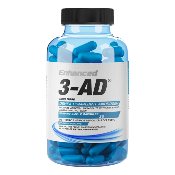 Image of a bottle labeled 'Enhanced 3-AD.' The bottle contains blue capsules and has a label indicating it is a DSHEA compliant androgen with a serving size of 2 capsules. The primary active ingredient is listed as Dehydroandrosterol (3-AD) with a dosage of 75mg per serving. The bottle contains 60 capsules and is labeled as a dietary supplement.